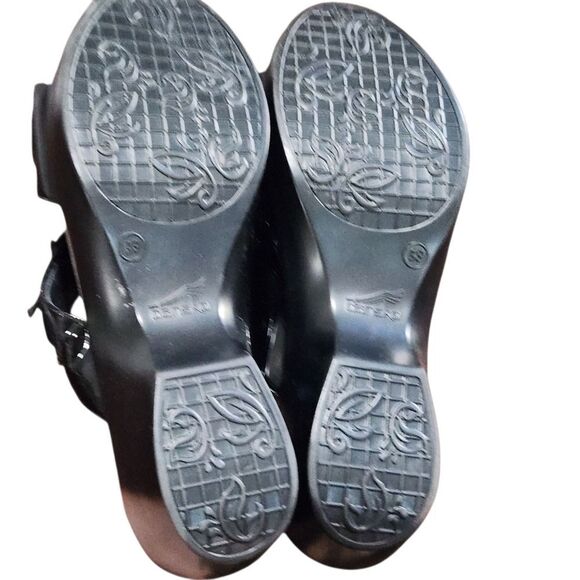 Dansko Patent Leather Sandals Donna Sz 39 US 9 Black Wedge Flowers Double Strap - Picture 6 of 11